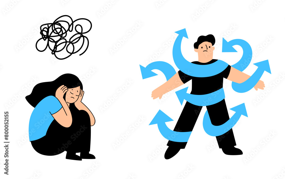 Naklejka premium Female Character Depression, Stress. Depressed Unhappy Woman Sit on Floor with Tangled Thoughts in Head. Mental disorder. ADHD vector concept with male head in plenty of arrows in doubt. People suffer