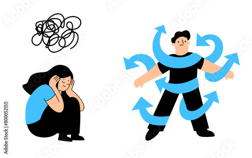 Female Character Depression, Stress. Depressed Unhappy Woman Sit on Floor with Tangled Thoughts in Head. Mental disorder. ADHD vector concept with male head in plenty of arrows in doubt. People suffer