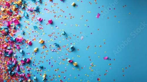 Vibrant, colorful confetti against a blue background, creating a dynamic and joyful atmosphere.