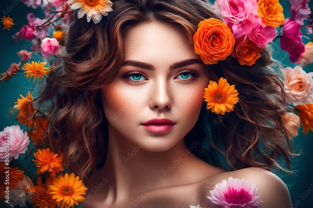 Beautiful female portrait with flowers and vibrant color HD .