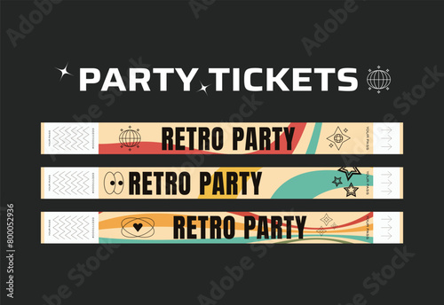 A vector set of control bracelets for a club, disco, concert, festival, event, pass to the fan zone, party in y2k style. Mockup of a bracelet in a futuristic style. Ticket for a festival