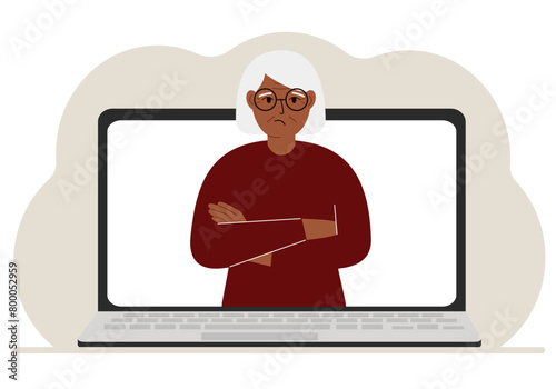 Woman communicates via videoconference through laptop screen. The concept of online meetings, webinars, remote work or work from home. Flat vector illustration