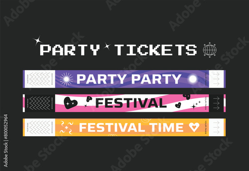 A vector set of control bracelets for a club, disco, concert, festival, event, pass to the fan zone, party in y2k style. Mockup of a bracelet in a futuristic style. Ticket for a festival