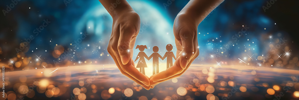 A concept image of protection, security, and care showing hands cradling a paper cutout of a family against a bokeh background