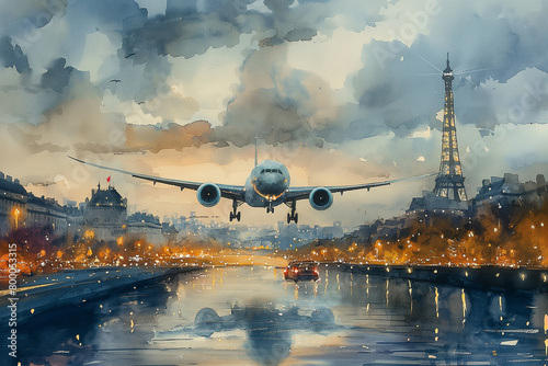Big aircraft low flying over Seine river in Paris in evening. Watercolour illustration. Selective focus. Travel concept  photo