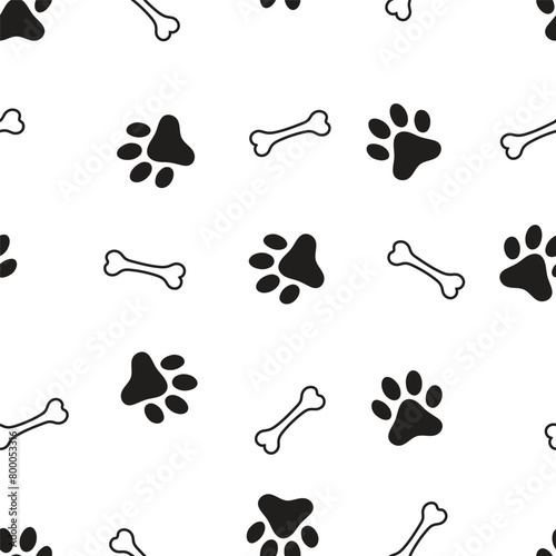 Dog, cat paw and bone seamless pattern vector illustration. Animal, pet, wallpaper, white background