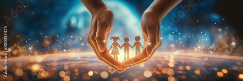 A concept image of protection, security, and care showing hands cradling a paper cutout of a family against a bokeh background