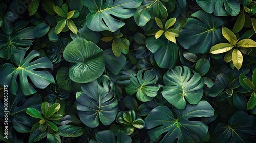 A collection of vibrant tropical plant leaves in various shades of green and brown, overlaid to create a dense and lush pattern.