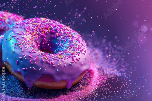 Macro shot of a single donut with purple icing and colorful sprinkles against a dark bokeh background