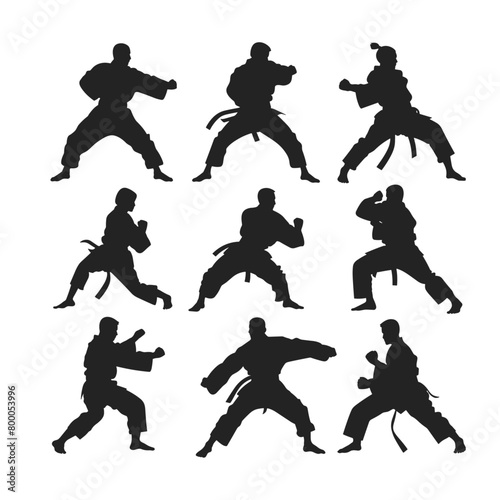 Various black figures captured in the midst of forceful martial arts