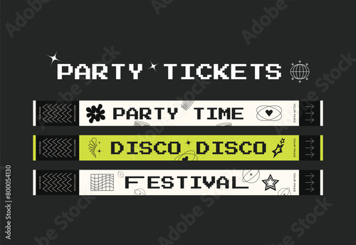 A vector set of control bracelets for a club, disco, concert, festival, event, pass to the fan zone, party in y2k style. Mockup of a bracelet in a futuristic style. Ticket for a festival