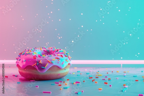 Enticing pink-frosted donut surrounded by colorful confetti pieces against a soft pastel backdrop