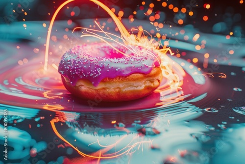 Captivating image of a donut surrounded by sparks and light trails reflecting off a glossy surface, creating a vibrant feast for the eyes photo