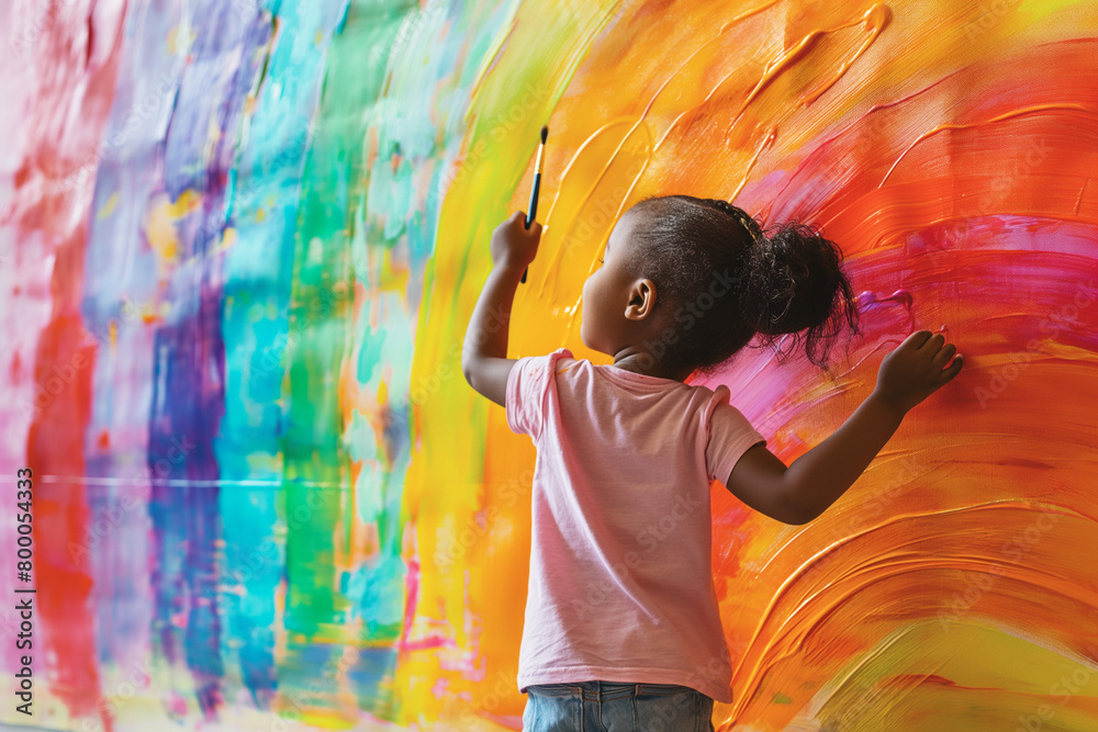Happy african american child painting a rainbow on a wall. Young black girl painting gay pride painting of hope and acceptance. Inclusion and diversity in school. DEI education Happy african american child painting a rainbow on a wall. Young black girl painting gay pride painting of hope and acceptance. Inclusion and diversity in school. DEI education