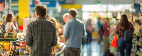 Customers waiting in line at grocery store