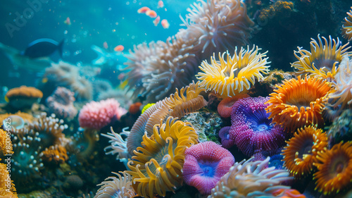 beautiful sea ocean with coral, anemones, turtles, clown fish, nemo. Deep blue sea with big whale © rafliand