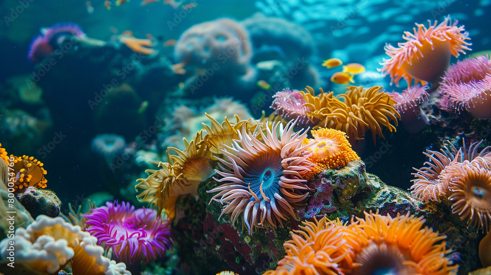beautiful sea ocean with coral, anemones, turtles, clown fish, nemo. Deep blue sea with big whale beautiful sea ocean with coral, anemones, turtles, clown fish, nemo. Deep blue sea with big whale