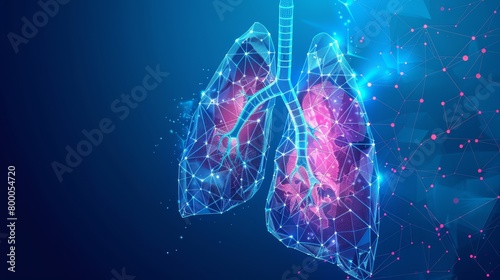 Human lungs depicted through a low poly technology, featuring a holographic, kinetographic display. Includes neon blue lines and dots forming a complex network of arteries and veins.