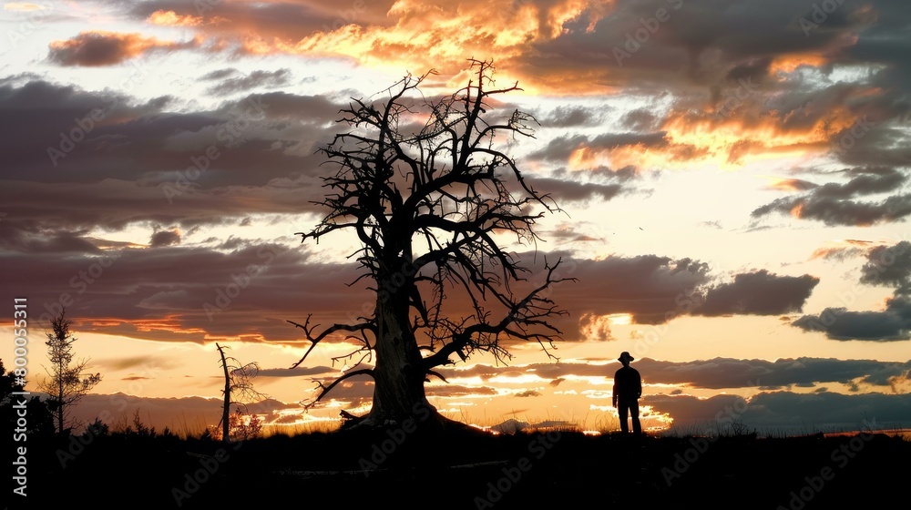 Silhouette of a lone tree and person at sunset with dramatic sky and clouds