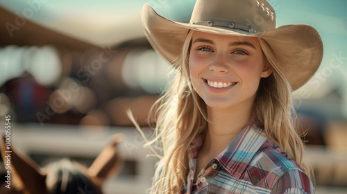 Smiling blonde cowgirl in hat and plaid shirt.