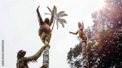 Three sloths hanging from a tree in a tropical forest, enjoying a lazy day amid lush greenery