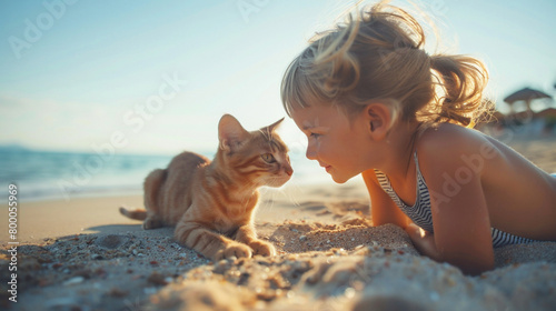 砂浜で遊ぶ子供と子猫