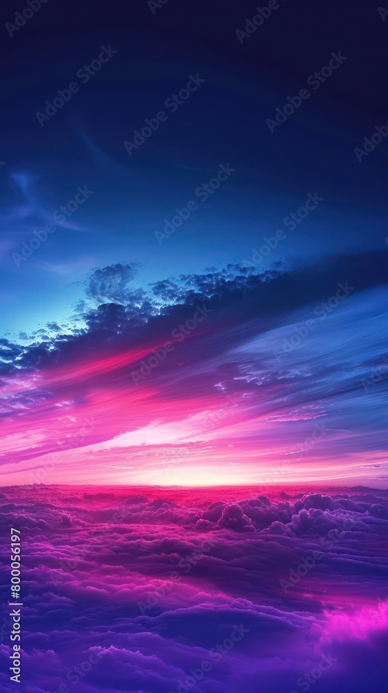 Naklejka premium A serene, digitally altered photograph of a vibrant sunset scene featuring clouds and an artistic purple hue dominating the sky