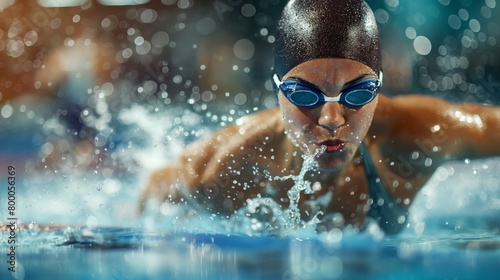 A swimmer is wearing goggles and a hat while diving in a pool of water © gn8