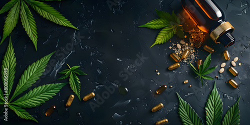 A green background with marijuana leaves and a grinder,Marijuana and criminality concept,Photo of cannabis leaf extracted from hemp oil product.


 photo