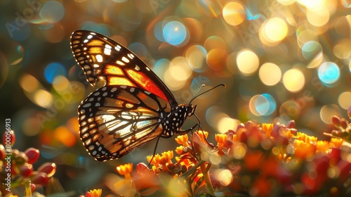 Stunning butterfly with stained glass-like wings perched on flowers at sunset