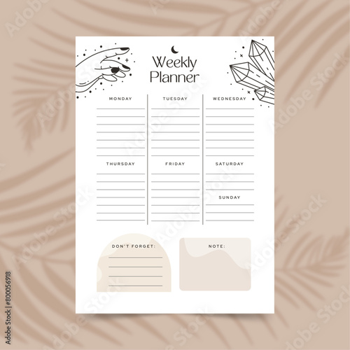 Weekly planner template with esoteric mystical boho elements