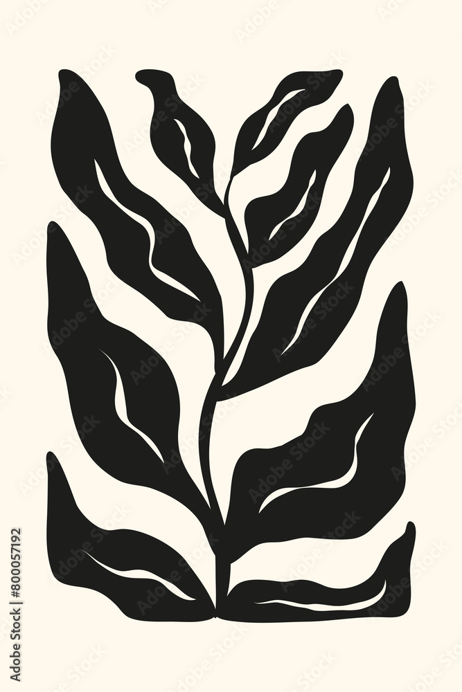 Hand drawn abstract plant with leaves in black color in Matisse style. Contemporary floral template for interior decoration, banner, cover, print, postcard. Hand drawn abstract plant with leaves in black color in Matisse style. Contemporary floral template for interior decoration, banner, cover, print, postcard.