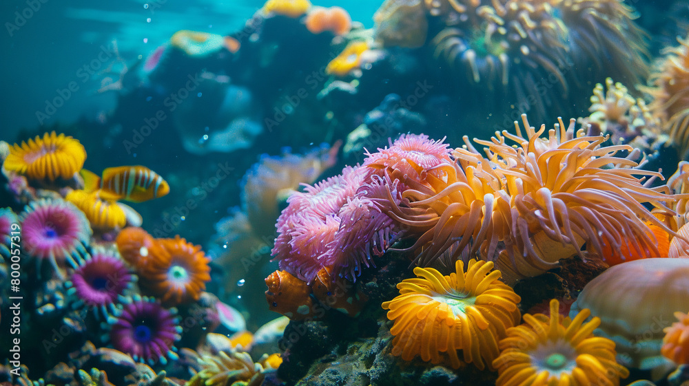 beautiful sea ocean with coral, anemones, turtles, clown fish, nemo. Deep blue sea with big whale beautiful sea ocean with coral, anemones, turtles, clown fish, nemo. Deep blue sea with big whale