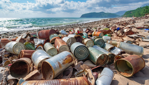 Symbolfoto, viele leere Konservendosen, teilweise zerdrückt, rostig, schmutzig, liegen am Strand, Abfall