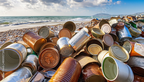 Symbolfoto, viele leere Konservendosen, teilweise zerdrückt, rostig, schmutzig, liegen am Strand, Abfall photo