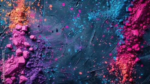 A dynamic and colorful image featuring a chaotic explosion of colored powders with a dark background, emphasizing the vivid colors and contrast.