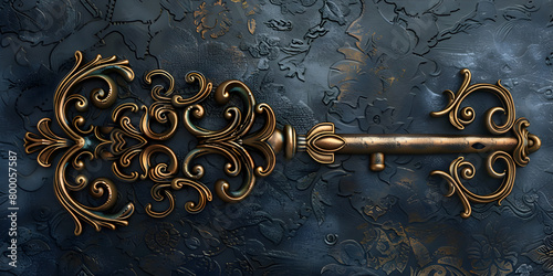 one gold vintage key on a blue background.
