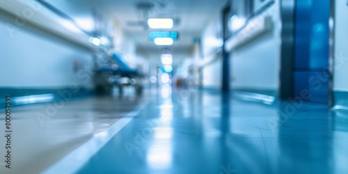 An out-of-focus image capturing the tranquil, blue-hued corridor of a modern hospital with overhead lighting. © tashechka