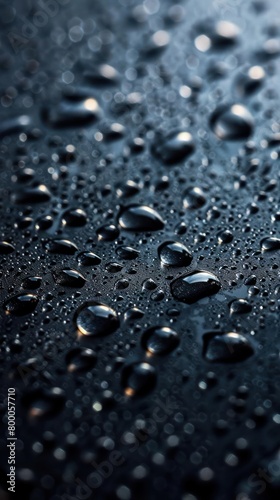 A close-up image showcasing water droplets on a dark background, creating a beaded effect that gives off a sense of freshness or cleanliness.