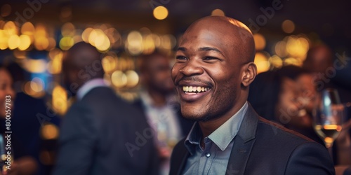 A smiling man with a clean-shaven head at a blurred, lively party background, radiating joy and charisma.