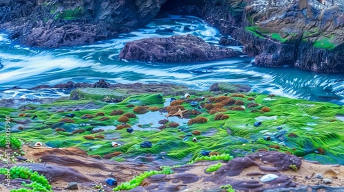 Colorful tide pool life at sunset with crashing waves and rocky shore