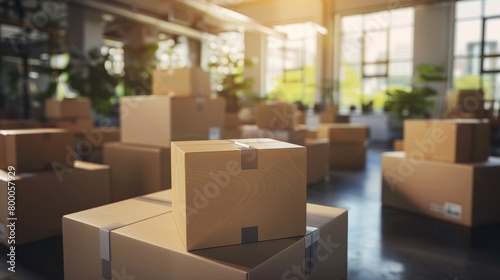 Stacks of cardboard boxes in a spacious and sunlit warehouse, symbolizing logistics and distribution. © tashechka