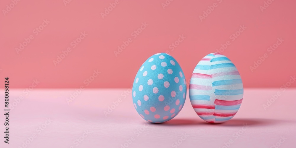 Two decorated Easter eggs with patterns on a soft pink background, symbolizing Easter celebrations. Two decorated Easter eggs with patterns on a soft pink background, symbolizing Easter celebrations.