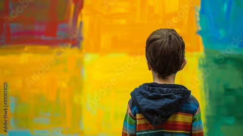 Back view of a child in colorful clothing observing a vibrant abstract painting.
