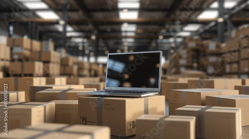 Open laptop on a pile of cardboard boxes in a busy distribution warehouse.