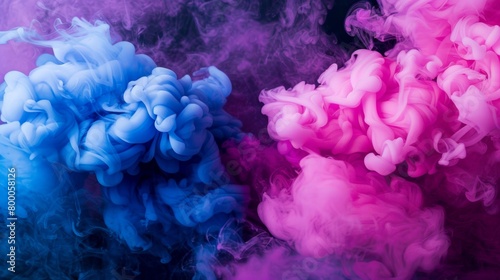Abstract interplay of pink and blue smoke on a dark background  symbolizing a blend of contrasts.