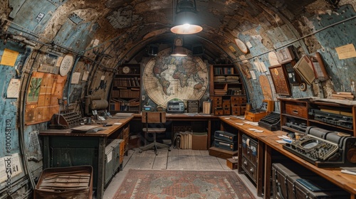 Vintage underground bunker office filled with historical artifacts and old technology © Yusif