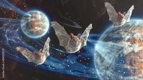 Echolocating bats navigate a cosmic web in a surreal digital universe photo