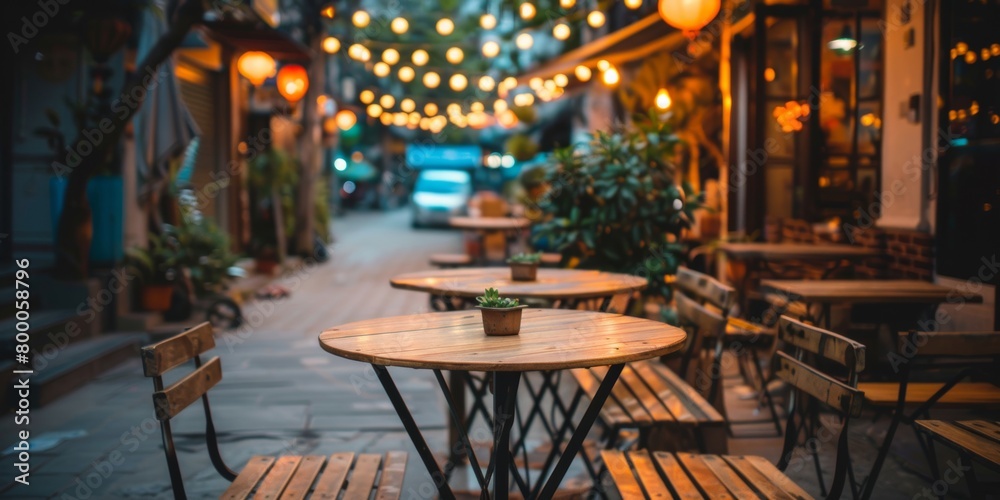 Evening view of an inviting outdoor café street setting with warm hanging lights. Evening view of an inviting outdoor café street setting with warm hanging lights.