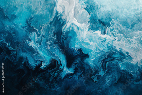 Swirling patterns of deep and light blue invoking a sense of ocean waves and fluid motion